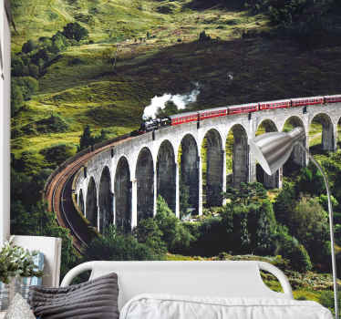 Vlak na mostě obklopený nástěnnými malbami stromů - TenStickers
