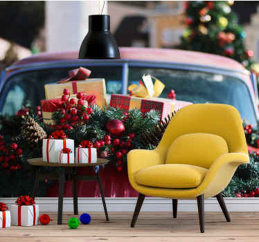 Photo murale Noël couronne verte rouge voiture - TenStickers