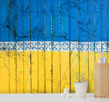 Mural para salón Valla de madera amarilla y azul - TenVinilo
