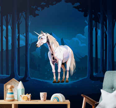 Unicorn in a dark forest  fantasy wall mural - TenStickers