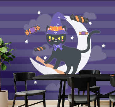 Fototapete Wohnzimmer Süße schwarze katze wirft bonbons - TenStickers