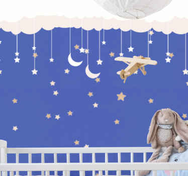 Cartoon clouds with stars and the moon Mural - TenStickers