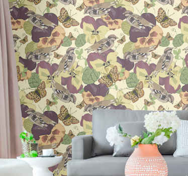 Vintažinis raštas su spalvingais paukščiais ir fototapetai - „Tenstickers“