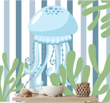 fotomural vinílico para casas de banho de criaturas marinhas com medusas azuis. riscas verticais azuis e brancas com medusas de desenhos animados. Obtenha com remessa imediata.