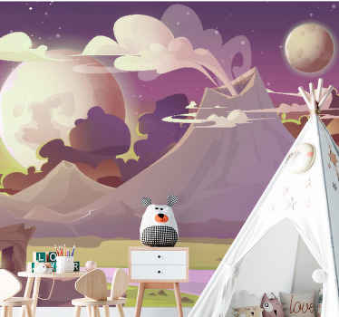 Papier peint enfant Planète extraterrestre avec volcan - TenStickers