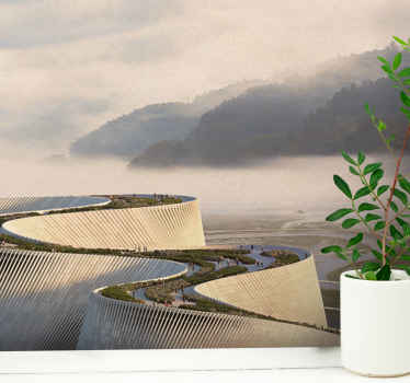 추상 모양의 건물 호수 벽 벽화 - TenStickers