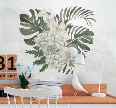 Fototapet cu frunze de monstera și trandafiri albi - TenStickers