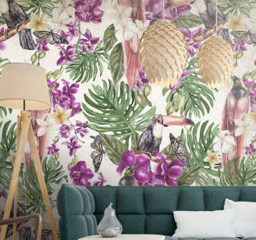 όμορφα φύλλα μοτίβο με πουλιά τοίχο τοιχογραφία - TenStickers