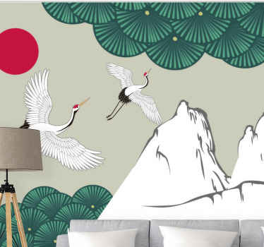 Fuji and crane art vintage wall mural - TenStickers