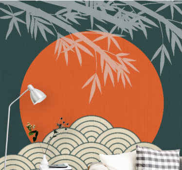 Japandi style leaves orange sun wall mural - TenStickers