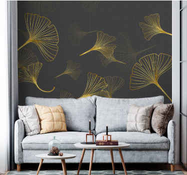Golden Ginko leaves gold vintage wall mural - TenStickers