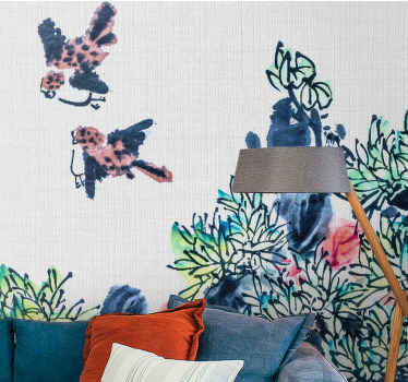 Japandi forest painting with birds wall mural - TenStickers