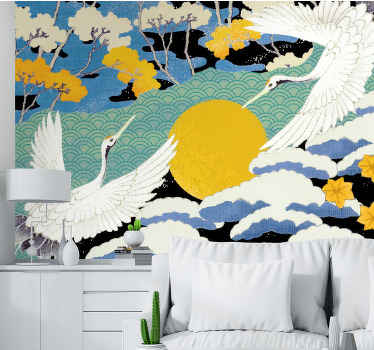 Japandi colorful ducks and flowers wall mural - TenStickers
