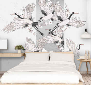 Oriental bird art-stripe living room wall mural - TenStickers