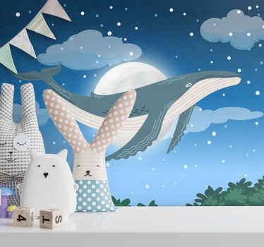 手绘天空中的鲸鱼儿童壁画 - TenStickers