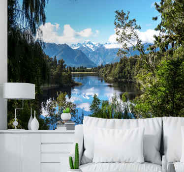 Trær med innsjø og fjell fototapet fjell - Tenstickers