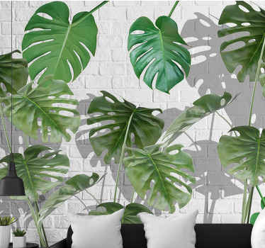 Bananblader med hvit murvegg fototapet stue - Tenstickers