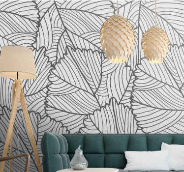 Big gray leaves pattern living room wall mural - TenStickers