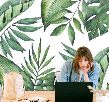 Mural para salón Diferentes hojas tropicales con fondo blanco. - TenVinilo