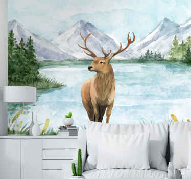 Fototapete Natur Landschaft mit see und rehen - TenStickers