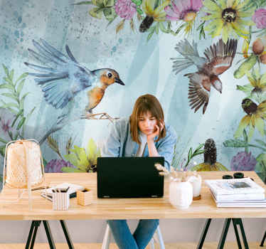 Colorful floral birds office wall mural - TenStickers