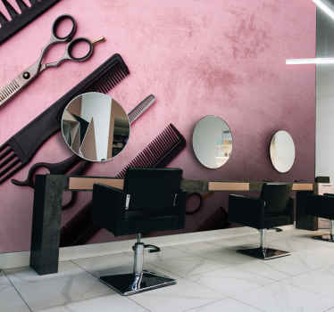 Papel mural rosa utensilios de peluquería - TenVinilo
