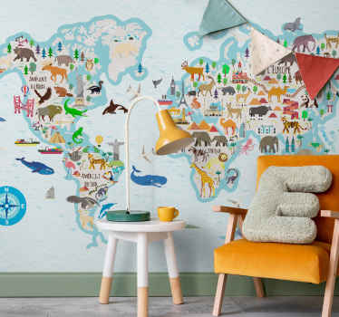 Tapisserie murale carte du monde avec animaux - TenStickers