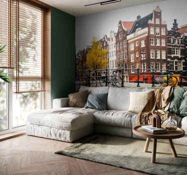 Amsterdamse fotobehang fietsen en grachtenpand - TenStickers