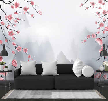 Cherry blossom branches Mountain living room wallpaper - TenStickers