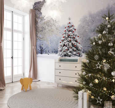 christmas fir in the snow tree mural - TenStickers