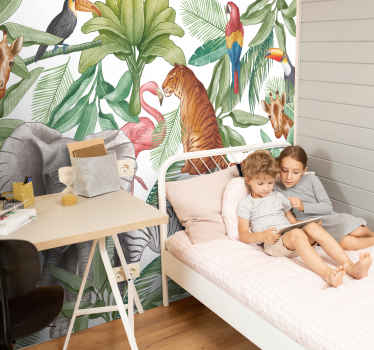 Watercolour animals design jungle living room wallpaper - TenStickers