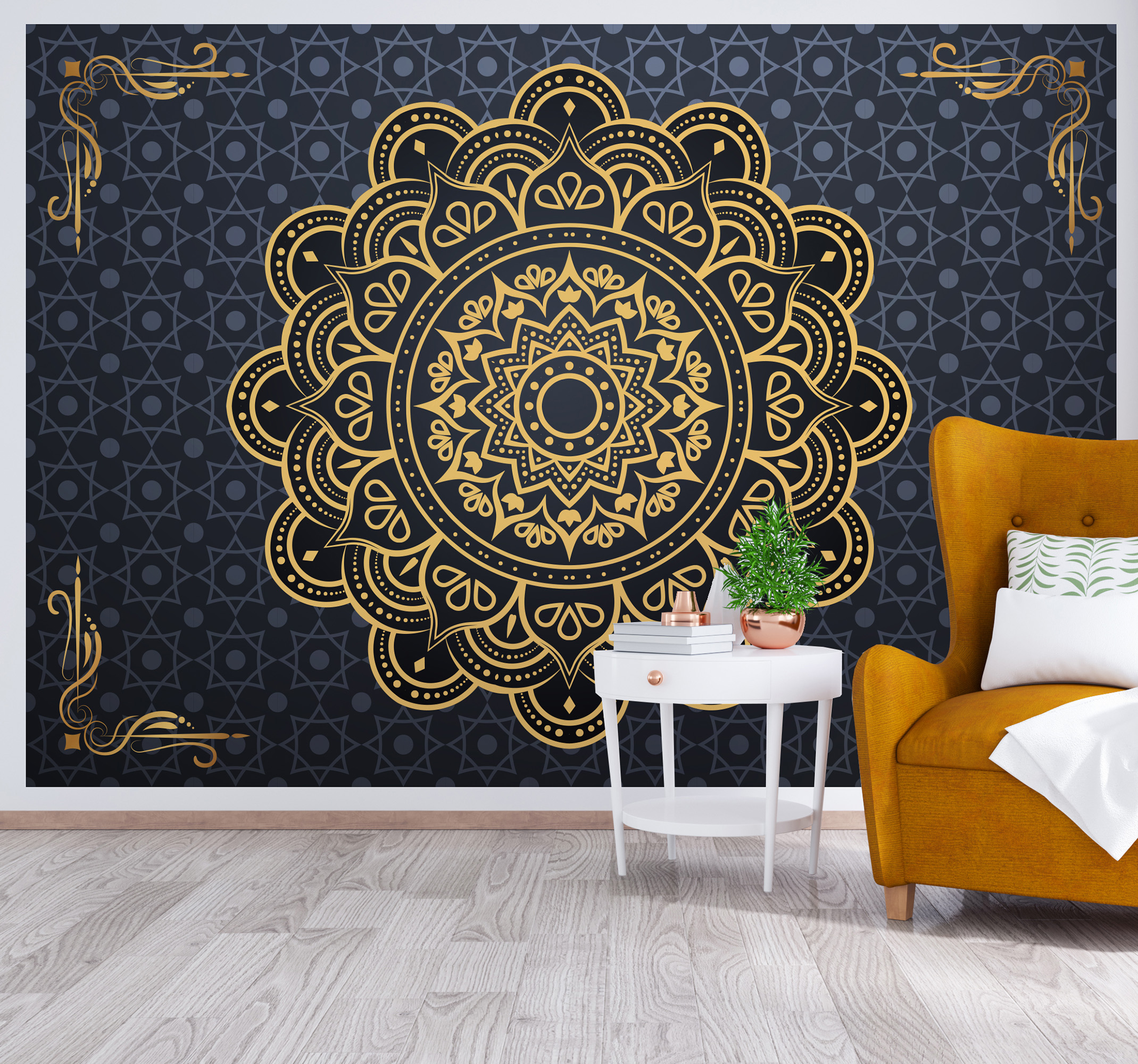 Mural pared dormitorio mandala dorado fondo azul