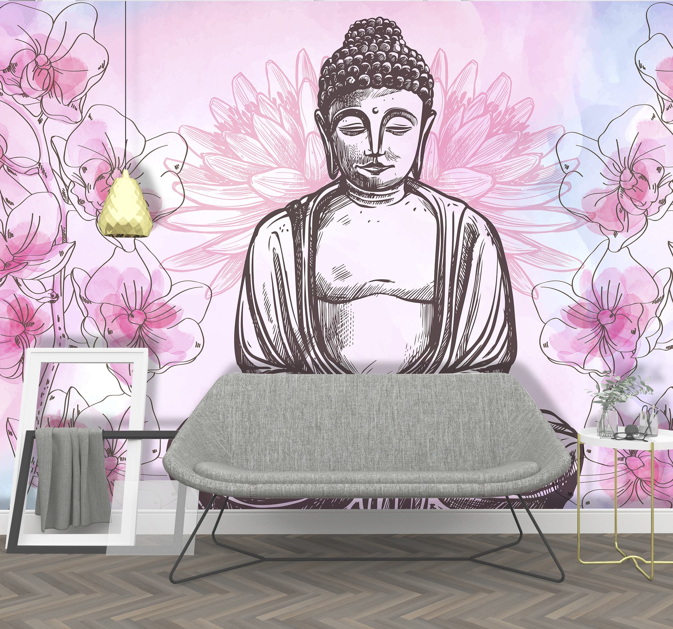 Tenstickers Zen ruimte fotobehang tekening Boeddha met bloemen