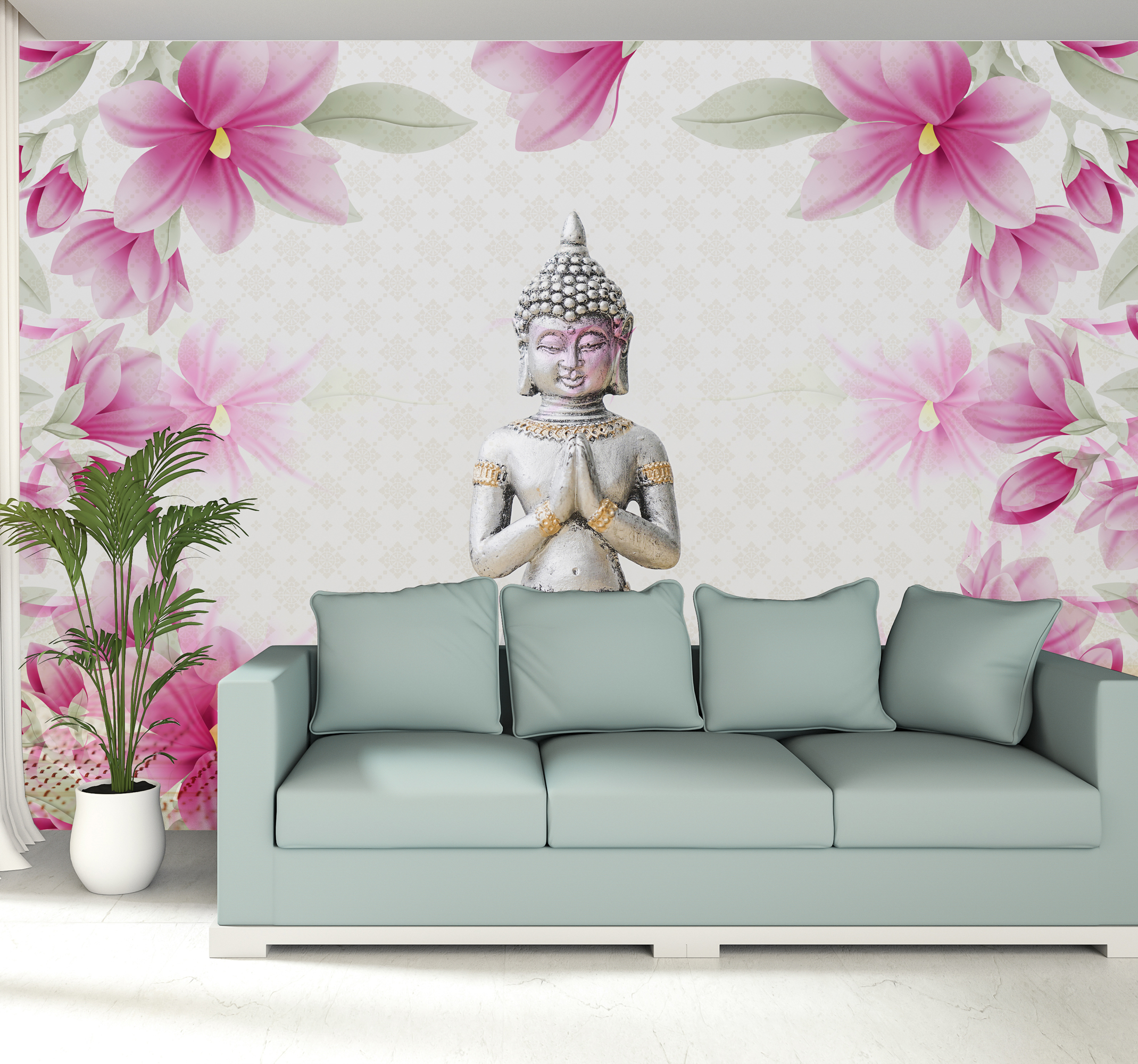 Tenstickers Zen ruimte fotobehang boeddha met bloemen