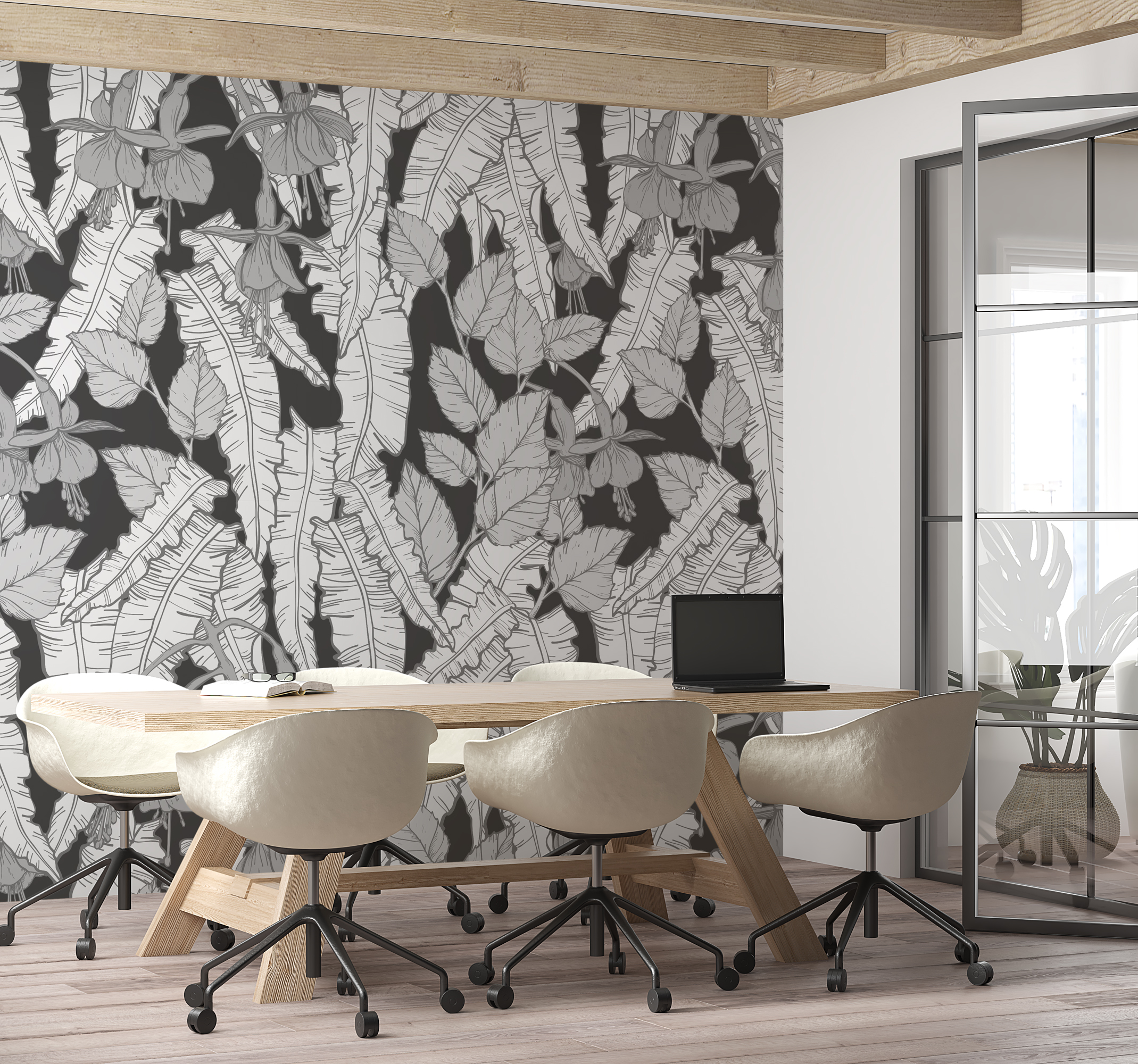 Papel pintado oficina diseño de selva gris