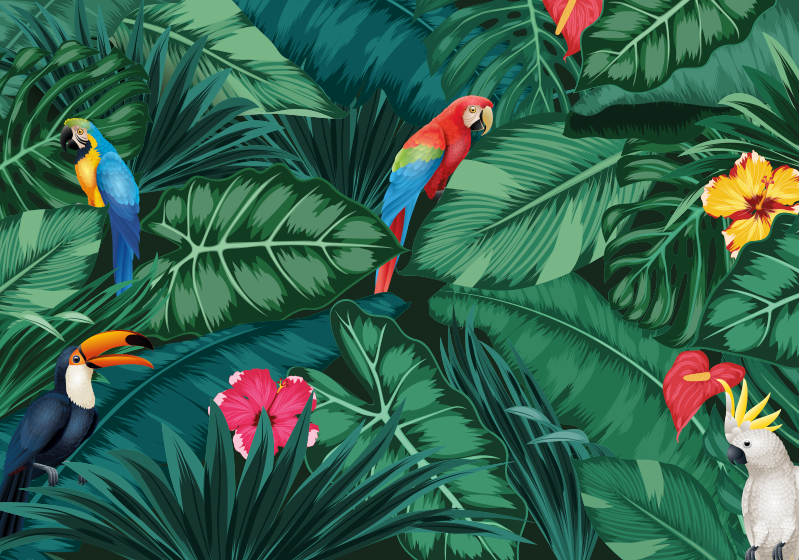 Colorful jungle with parrot forest mural wallpaper - TenStickers