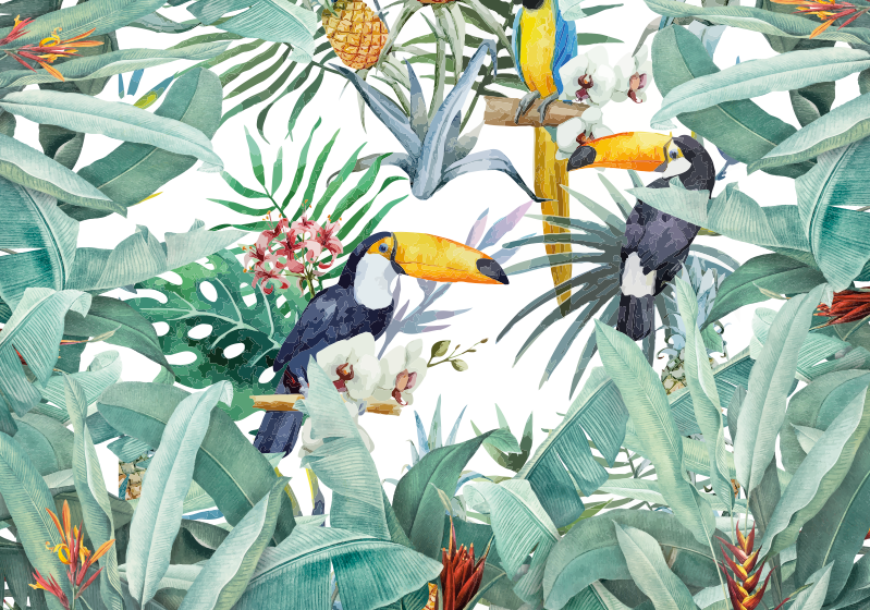Stickers muraux Jungle tropicale, toucan et oiseaux exotiques pour