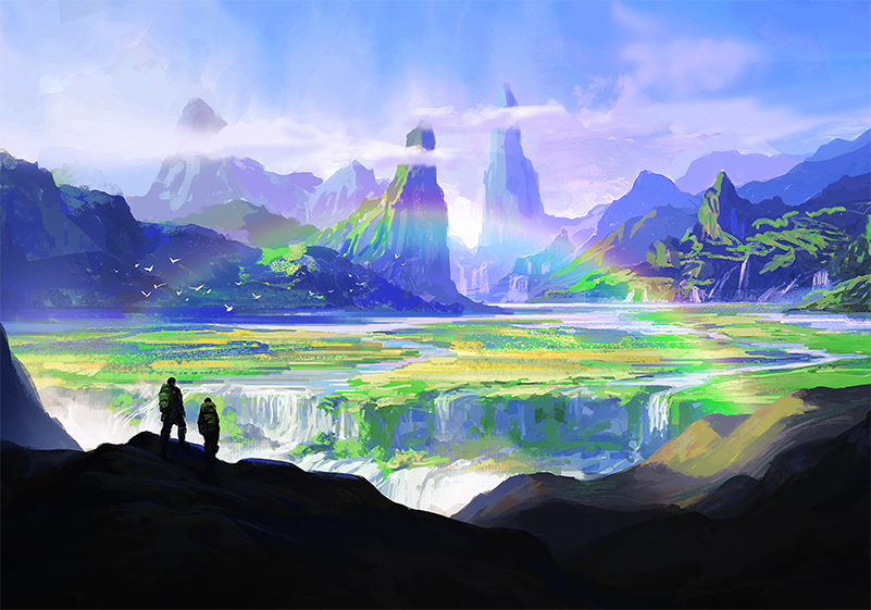 Mountain waterfall with a colorful rainbow nature murals TenStickers