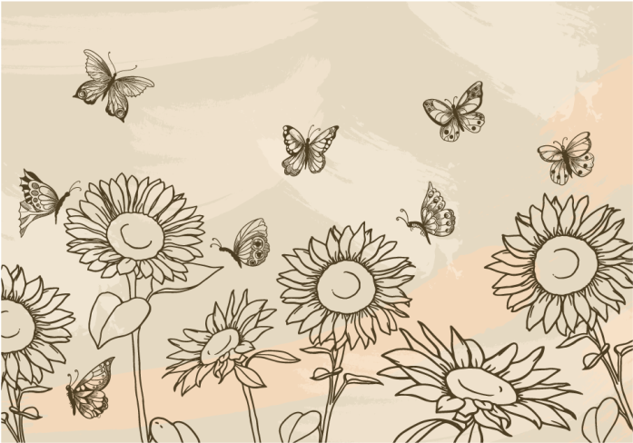 Sunflower Butterfly Sketch flower wall mural - TenStickers