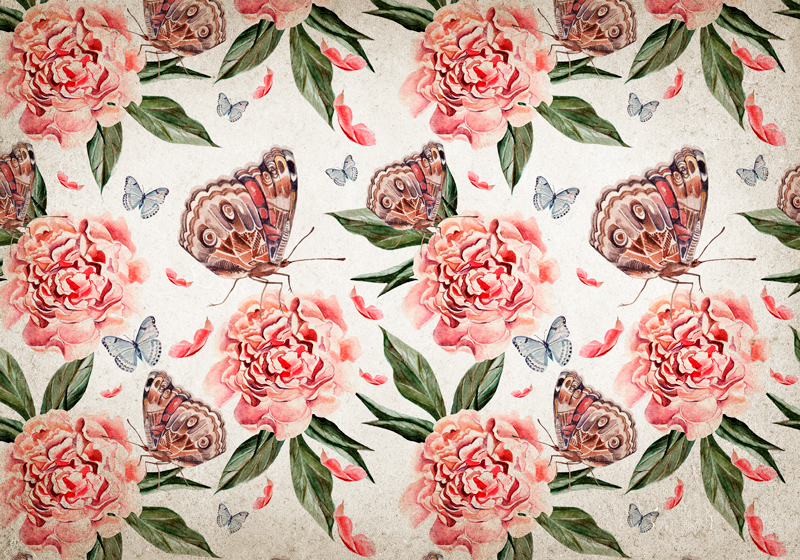 Vintage watercolor roses and butterflies mural wallpaper - TenStickers