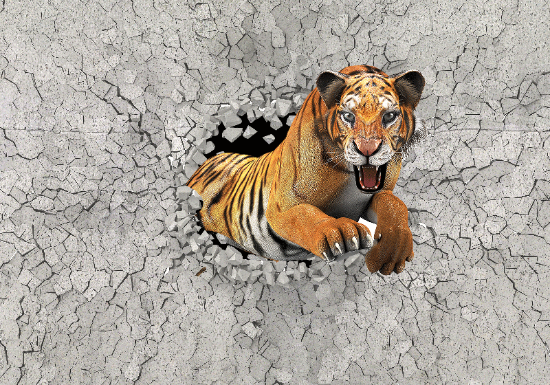 Poster O tigre de imagem 3d emerge da parede destruída