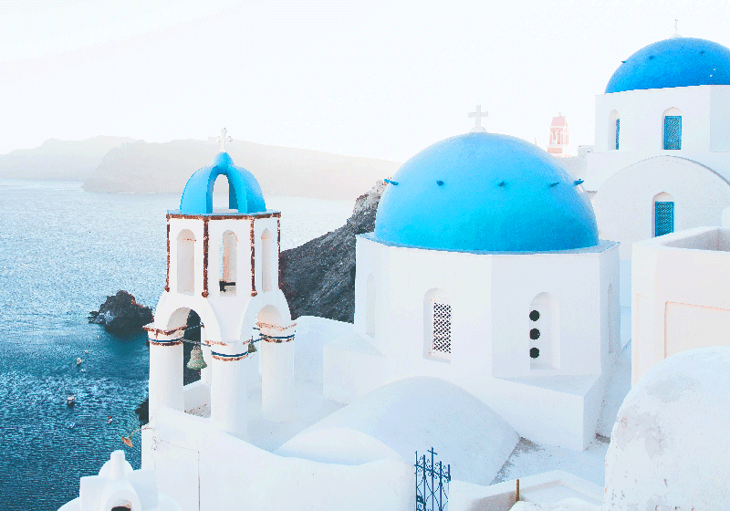 Mural de mar Santorini casas blancas y azules - TenVinilo