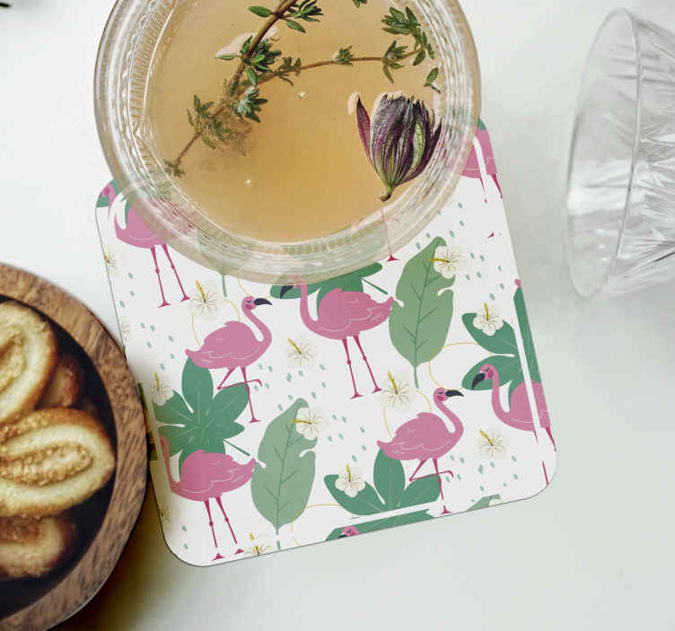 Sous verre bière motif flamant et feuilles - TenStickers