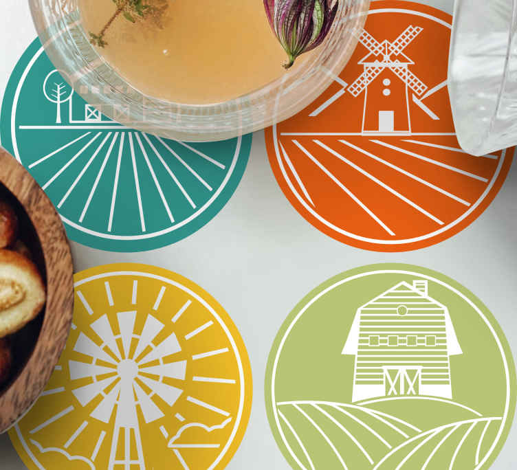 Vintage coasters with farm-themed round designs - TenStickers