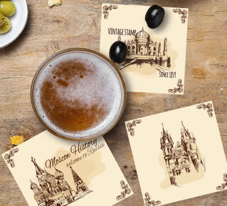 Vintage onderzetters met historische landmark illustraties - TenStickers