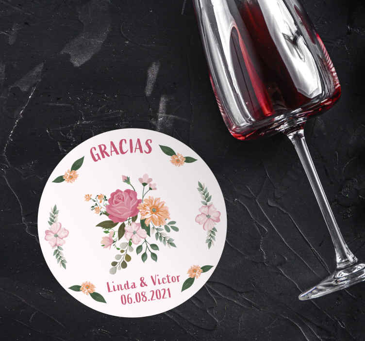 Posavasos boda diseño floral de agradecimiento - TenVinilo