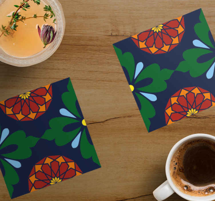 Posavasos azulejo estampado botánico vibrante - TenVinilo