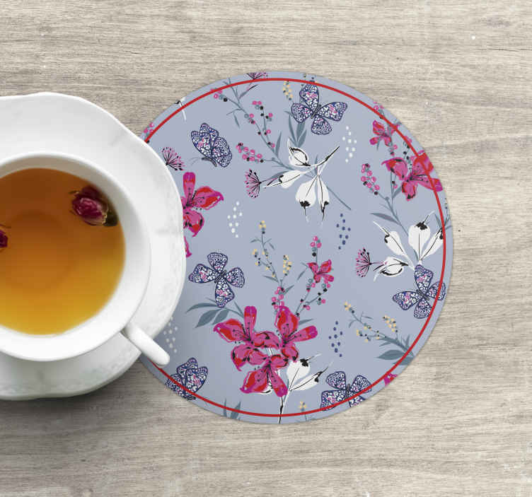 Sottobicchiere moderno Fiori rossi astratti con farfalle