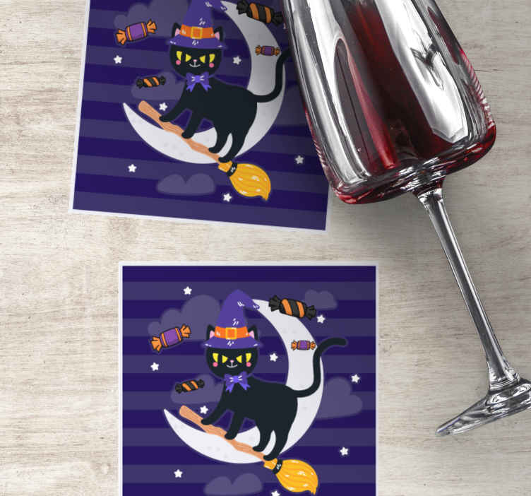 Posavasos halloween gato de bruja en escoba - TenVinilo