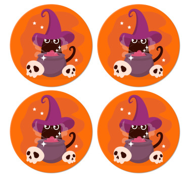 Cat witch hat illustration halloween coaster - TenStickers